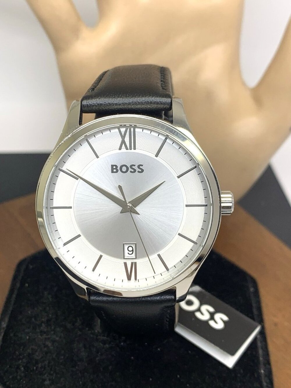 Hugo Boss 1513893 Elite Men's Watch Quartz Silver Dial Black Leather Band 41mm